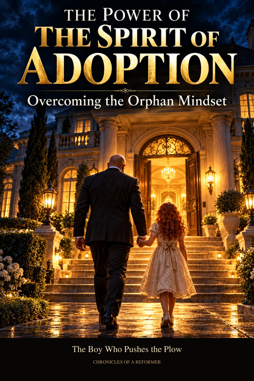 The Power of the Spirit of Adoption cover with a redheaded girl and a father holding hands as they approach a warmly lit mansion