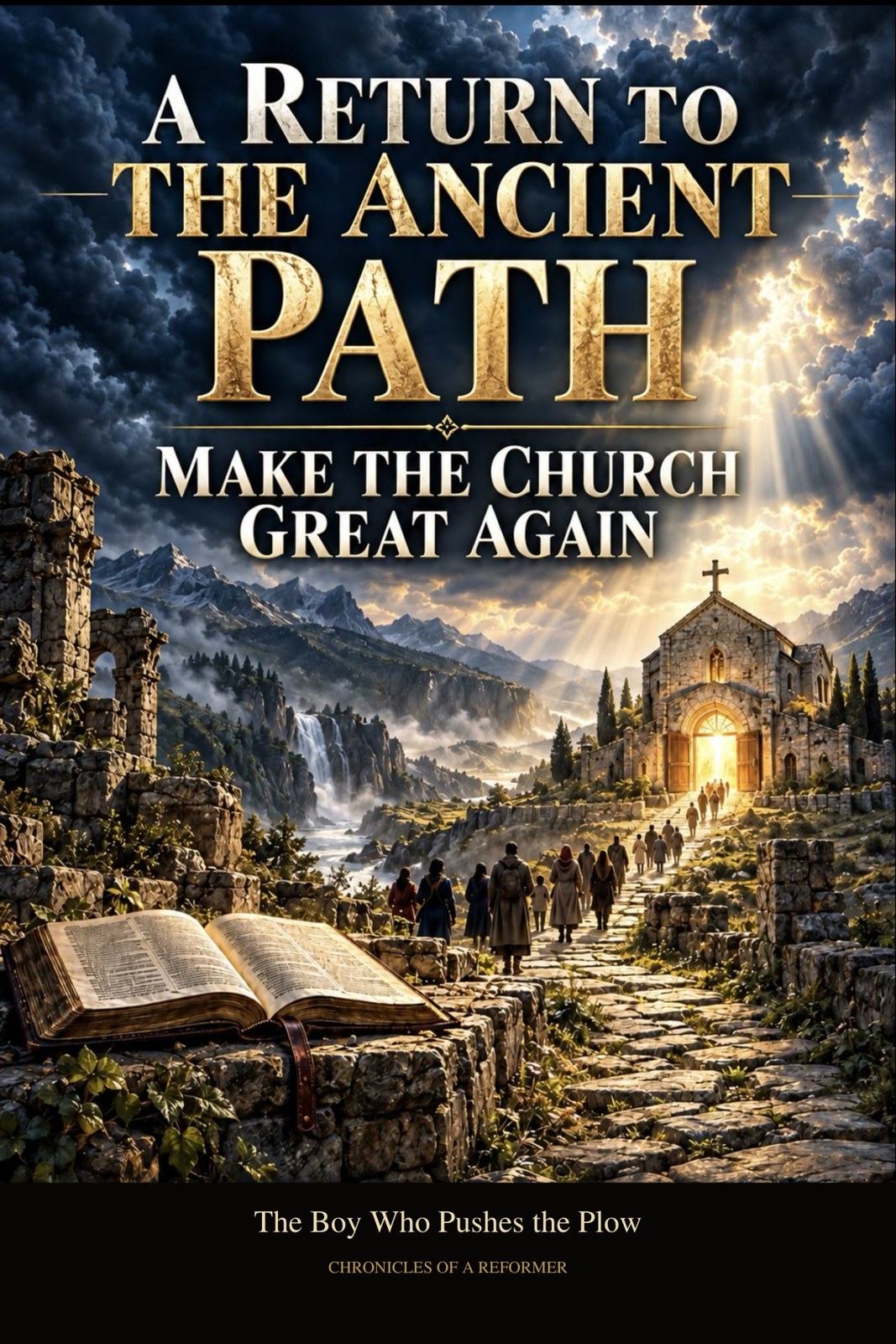 A Return to the Ancient Path book cover showing an open Bible and a stone path leading toward a church illuminated by golden light