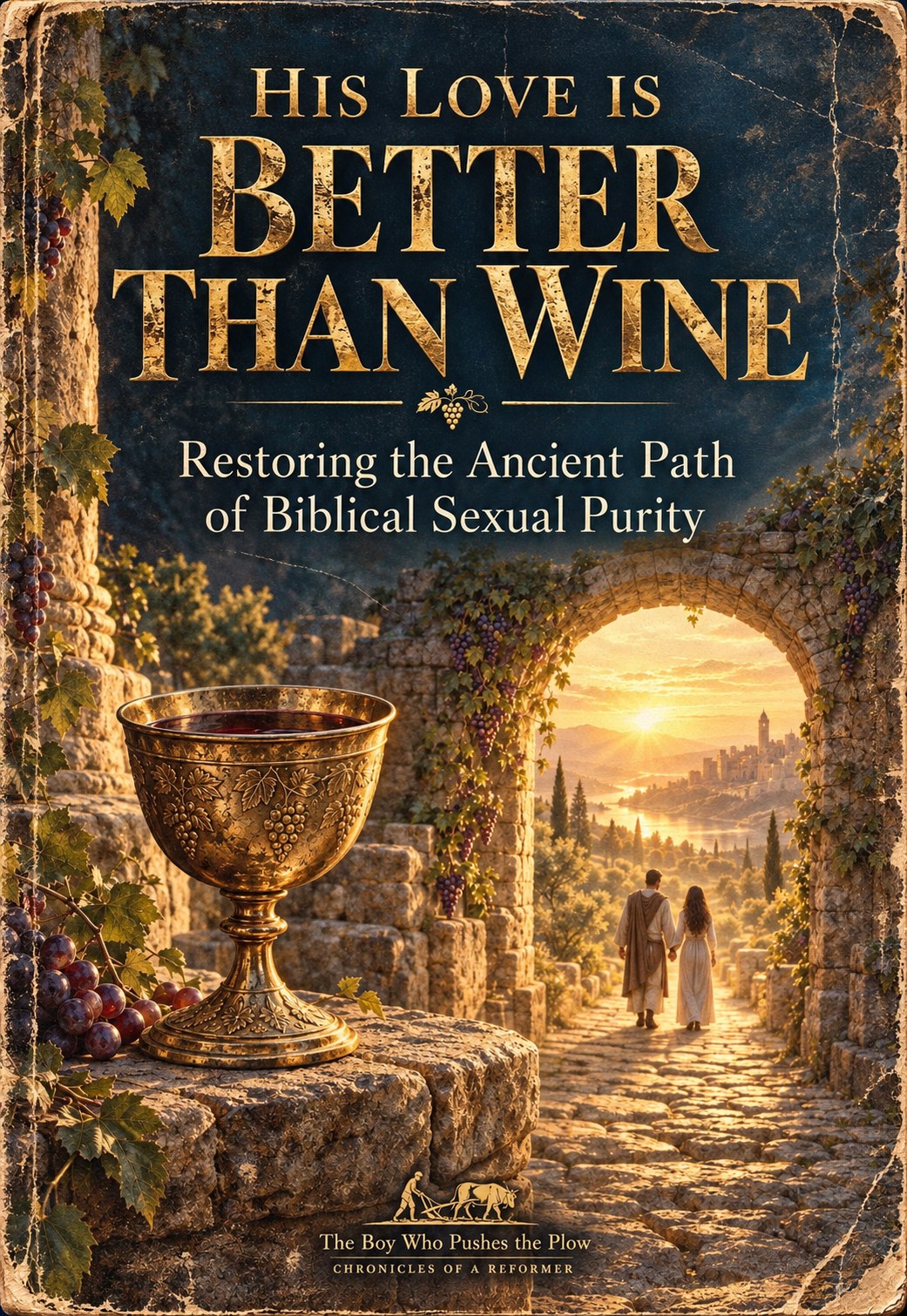 His Love Is Better Than Wine antique gold cover showing a wine chalice and a couple walking toward the light through an ancient stone arch