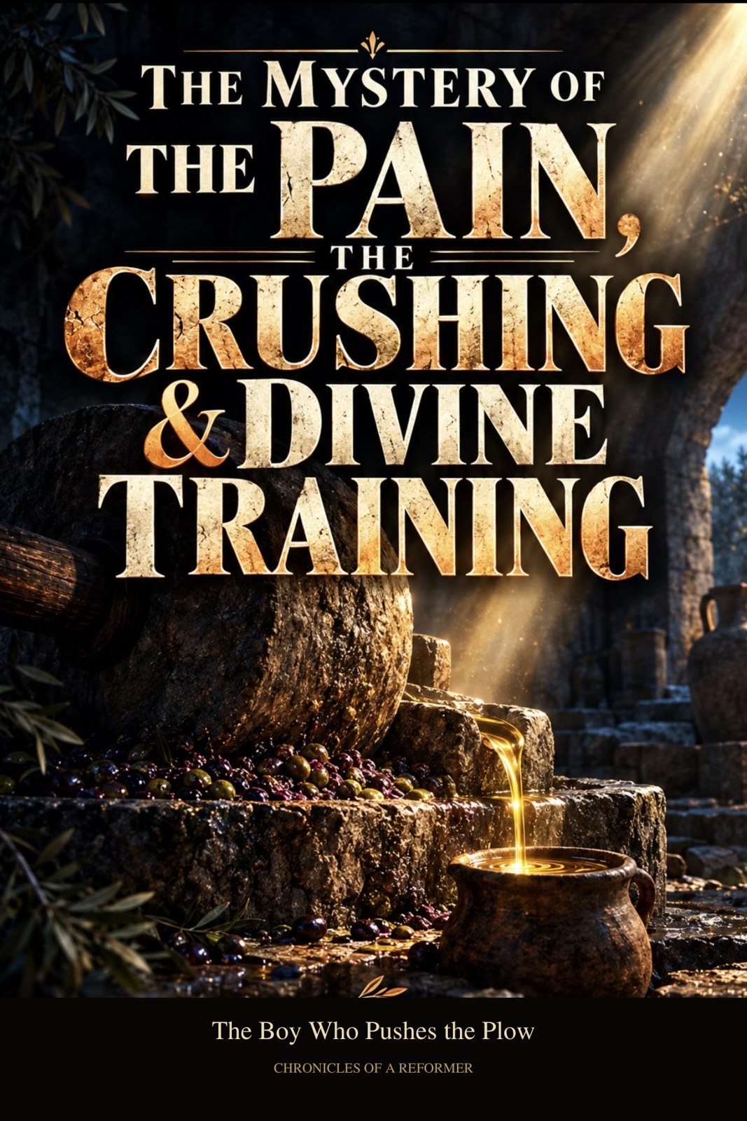The Mystery of the Pain, the Crushing and Divine Training book cover with an olive press and golden oil