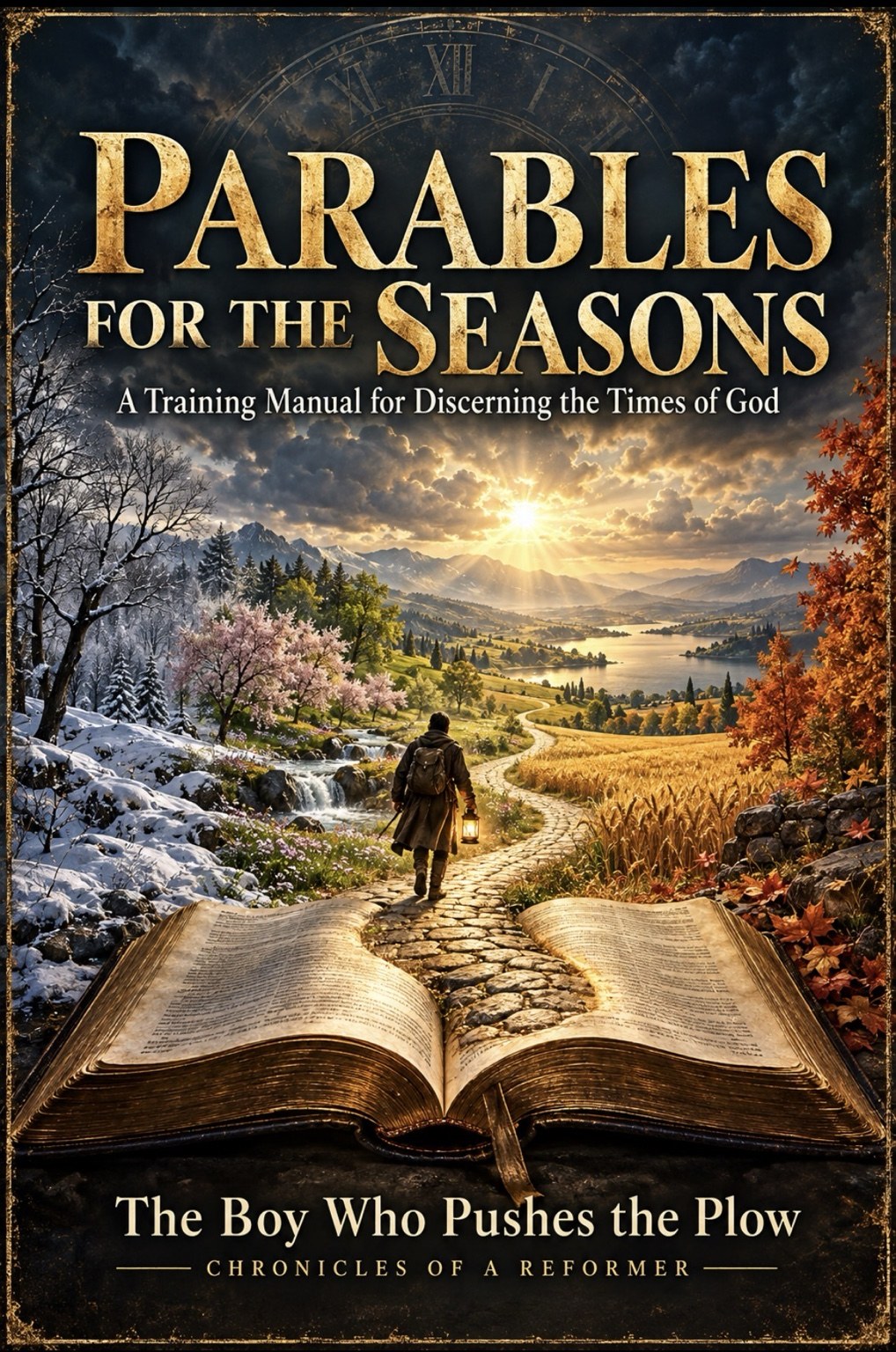 Parables for the Seasons cover with an open Bible, a traveler, and a pathway through changing seasons