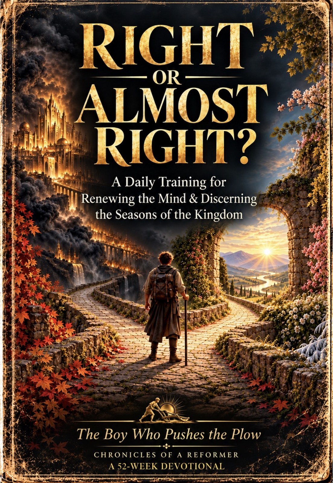 Right or Almost Right? book cover showing a traveler choosing between two paths, with gold lettering and seasonal foliage