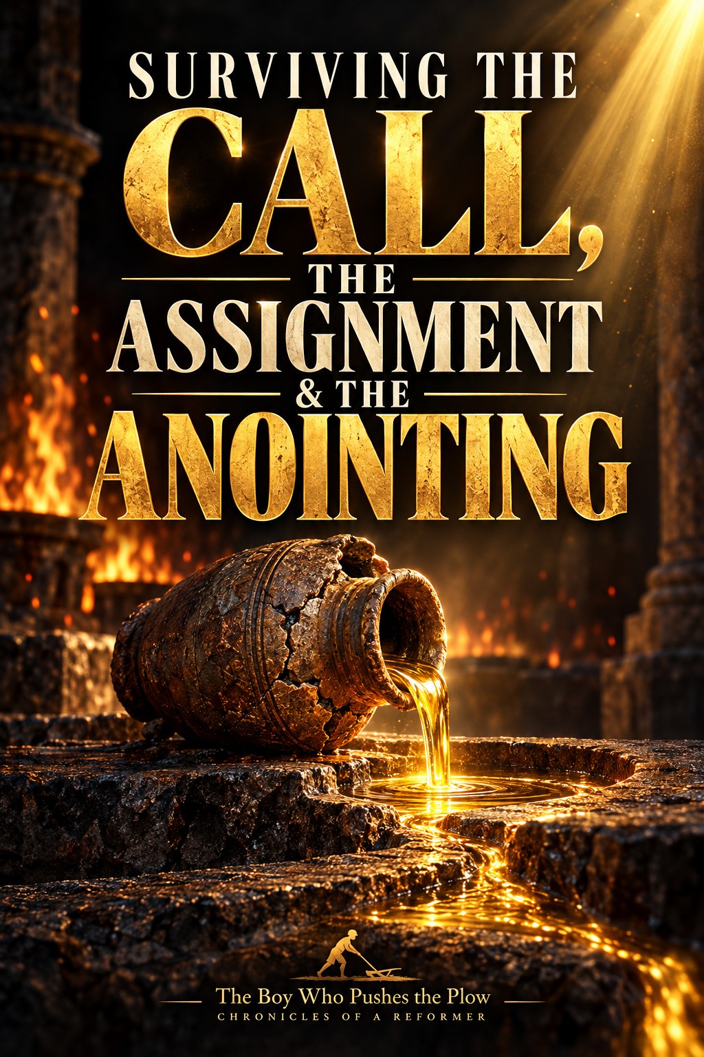 Surviving the Call, the Assignment and the Anointing cover showing a cracked vessel pouring golden oil amid fire and light