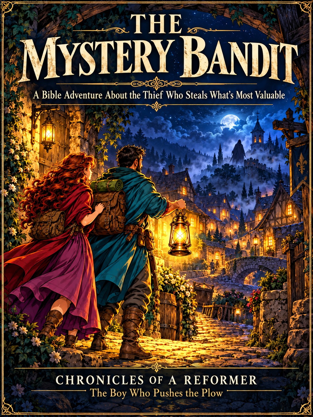 The Mystery Bandit cover: Von and Ashley enter a mysterious village with a glowing lantern